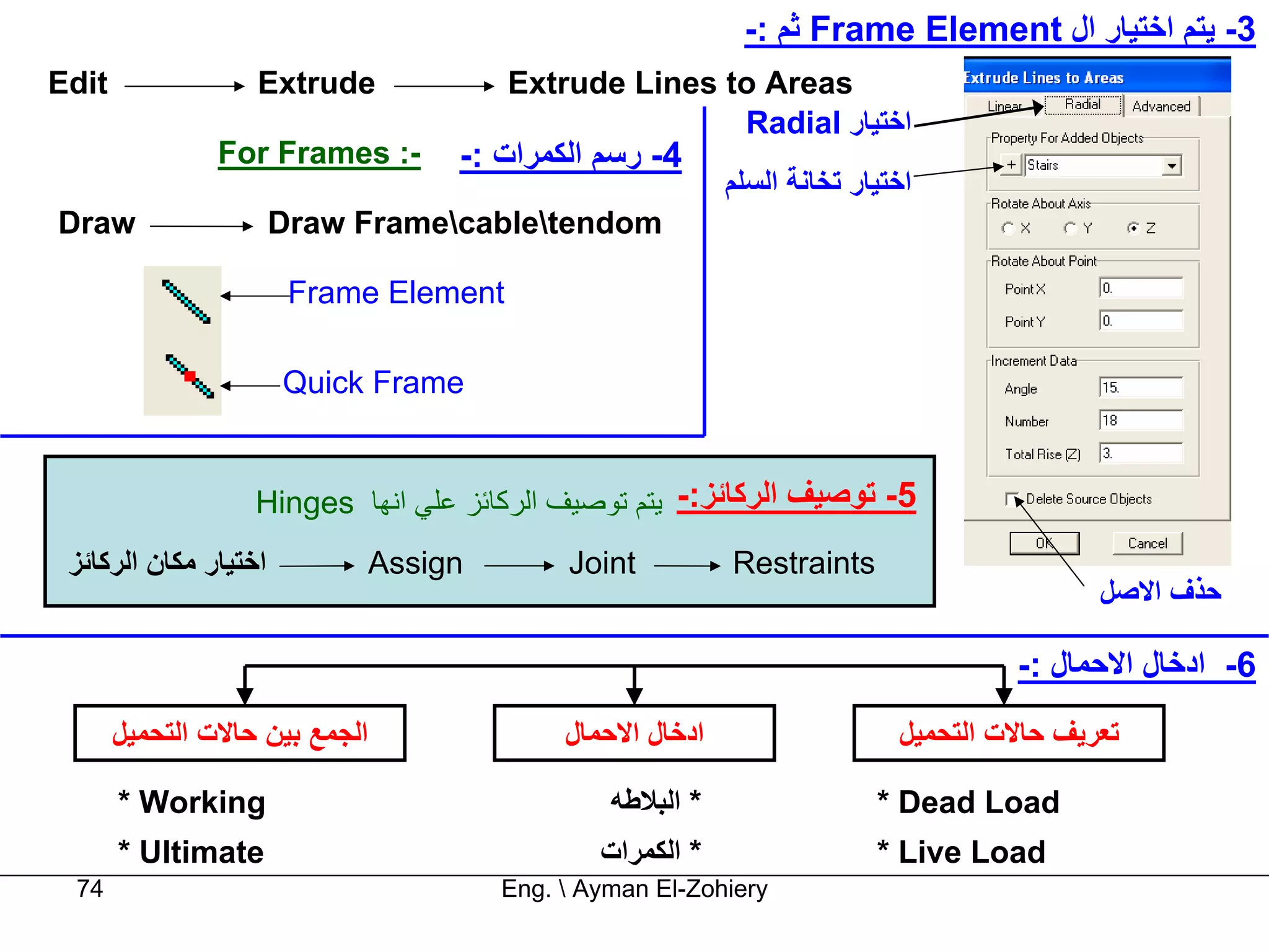 -: ‫ ﺛﻢ‬Frame Element ‫3- ﻳﺘﻢ اﺧﺘﻴﺎر ال‬
Edit               Extrude               Extrude Lines to Areas
                                                        Radial ‫اﺧﺘﻴﺎر‬
                For Frames :-        -: ‫4- رﺳﻢ اﻟﻜﻤﺮات‬
                                                             ‫اﺧﺘﻴﺎر ﺗﺨﺎﻧﺔ اﻟﺴﻠﻢ‬
Draw                   Draw Framecabletendom

                        Frame Element

                       Quick Frame


                   Hinges ‫5- ﺗﻮﺻﻴﻒ اﻟﺮآﺎﺋﺰ:- ﻳﺘﻢ ﺗﻮﺻﻴﻒ اﻟﺮآﺎﺋﺰ ﻋﻠﻲ اﻧﻬﺎ‬
 ‫اﺧﺘﻴﺎر ﻣﻜﺎن اﻟﺮآﺎﺋﺰ‬            Assign        Joint          Restraints
                                                                                             ‫ﺣﺬف اﻻﺻﻞ‬

                                                                                      -: ‫6- ادﺧﺎل اﻻﺣﻤﺎل‬
       ‫اﻟﺠﻤﻊ ﺑﻴﻦ ﺣﺎﻻت اﻟﺘﺤﻤﻴﻞ‬                 ‫ادﺧﺎل اﻻﺣﻤﺎل‬                   ‫ﺗﻌﺮﻳﻒ ﺣﺎﻻت اﻟﺘﺤﻤﻴﻞ‬

       * Working                                  ‫* اﻟﺒﻼﻃﻪ‬                 * Dead Load
       * Ultimate                                ‫* اﻟﻜﻤﺮات‬                 * Live Load
 74                                      Eng.  Ayman El-Zohiery
 