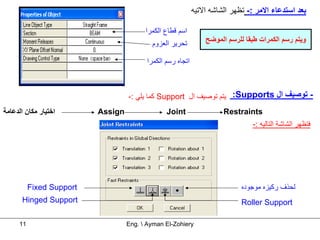 ‫ﺑﻌﺪ اﺳﺘﺪﻋﺎء اﻻﻣﺮ :- ﺗﻈﻬﺮ اﻟﺸﺎﺷﻪ اﻻﺗﻴﻪ‬

                                         ‫اﺳﻢ ﻗﻄﺎع اﻟﻜﻤﺮا‬
                                           ‫ﺗﺤﺮﻳﺮ اﻟﻌﺰوم‬          ‫وﻳﺘﻢ رﺳﻢ اﻟﻜﻤﺮات ﻃﺒﻘﺎ ﻟﻠﺮﺳﻢ اﻟﻤﻮﺿﺢ‬

                                          ‫اﺗﺠﺎﻩ رﺳﻢ اﻟﻜﻤﺮا‬



                                   ‫- ﺗﻮﺻﻴﻒ ال ‪ :Supports‬ﻳﺘﻢ ﺗﻮﺻﻴﻒ ال ‪ Support‬آﻤﺎ ﻳﻠﻲ :-‬
‫اﺧﺘﻴﺎر ﻣﻜﺎن اﻟﺪﻋﺎﻣﺔ‬       ‫‪Assign‬‬                 ‫‪Joint‬‬                 ‫‪Restraints‬‬
                                                                                ‫ﻓﺘﻈﻬﺮ اﻟﺸﺎﺷﺔ اﻟﺘﺎﻟﻴﻪ :-‬




          ‫‪Fixed Support‬‬                                                      ‫ﻟﺤﺬف رآﻴﺰﻩ ﻣﻮﺟﻮدﻩ‬
      ‫‪Hinged Support‬‬                                                         ‫‪Roller Support‬‬

     ‫11‬                            ‫‪Eng.  Ayman El-Zohiery‬‬
 