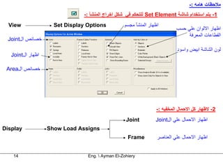 ‫ﻣﻼﺣﻈﺎت هﺎﻣﻪ :-‬
                               ‫1- ﻳﺘﻢ اﺳﺘﺨﺪام ﺷﺎﺷﺔ ‪ Set Element‬ﻟﻠﺘﺤﻜﻢ ﻓﻲ ﺷﻜﻞ اﺧﺮاج اﻟﻤﻨﺸﺄ :-‬
  ‫‪View‬‬               ‫‪Set Display Options‬‬          ‫اﻇﻬﺎر اﻟﻤﻨﺸﺄ ﻣﺠﺴﻢ‬
                                                                           ‫اﻇﻬﺎر اﻻﻟﻮان ﻋﻠﻲ ﺣﺴﺐ‬
                                                                                ‫اﻟﻘﻄﺎﻋﺎت اﻟﻤﻌﺮﻓﺔ‬
  ‫ﺧﺼﺎﺋﺺ ال‪Joint‬‬
                                                                           ‫ﻟﻮن اﻟﺸﺎﺷﺔ اﺑﻴﺾ واﺳﻮد‬
   ‫اﻇﻬﺎر ال‪Joint‬‬

 ‫ﺧﺼﺎﺋﺺ ال‪Area‬‬




                                                                 ‫2- ﻻﻇﻬﺎر آﻞ اﻻﺣﻤﺎل اﻟﻤﺨﻔﻴﻪ :-‬
                                                   ‫‪Joint‬‬         ‫اﻇﻬﺎر اﻻﺣﻤﺎل ﻋﻠﻲ ال‪Joint‬‬
‫‪Display‬‬            ‫‪Show Load Assigns‬‬
                                                    ‫‪Frame‬‬         ‫اﻇﻬﺎر اﻻﺣﻤﺎل ﻋﻠﻲ اﻟﻌﻨﺎﺻﺮ‬


    ‫41‬                           ‫‪Eng.  Ayman El-Zohiery‬‬
 