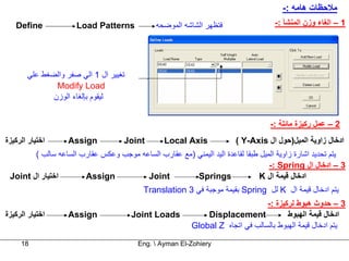 ‫ﻣﻼﺣﻈﺎت هﺎﻣﻪ :-‬
   ‫‪Define‬‬            ‫‪Load Patterns‬‬            ‫ﻓﺘﻈﻬﺮ اﻟﺸﺎﺷﻪ اﻟﻤﻮﺿﺤﻪ‬                 ‫1 – اﻟﻐﺎء وزن اﻟﻤﻨﺸﺄ :-‬




       ‫ﺗﻐﻴﻴﺮ ال 1 اﻟﻲ ﺻﻔﺮ واﻟﻀﻐﻂ ﻋﻠﻲ‬
               ‫‪Modify Load‬‬
              ‫ﻟﻴﻘﻮم ﺑﺈﻟﻐﺎء اﻟﻮزن‬


                                                                                  ‫2 – ﻋﻤﻞ رآﻴﺰة ﻣﺎﺋﻠﺔ :-‬
‫اﺧﺘﻴﺎر اﻟﺮآﻴﺰة‬     ‫‪Assign‬‬           ‫‪Joint‬‬        ‫‪Local Axis‬‬            ‫ادﺧﺎل زاوﻳﺔ اﻟﻤﻴﻞ)ﺣﻮل ال ‪( Y-Axis‬‬
        ‫ﻳﺘﻢ ﺗﺤﺪﻳﺪ اﺷﺎرة زاوﻳﺔ اﻟﻤﻴﻞ ﻃﺒﻘﺎ ﻟﻘﺎﻋﺪة اﻟﻴﺪ اﻟﻴﻤﻨﻲ )ﻣﻊ ﻋﻘﺎرب اﻟﺴﺎﻋﻪ ﻣﻮﺟﺐ وﻋﻜﺲ ﻋﻘﺎرب اﻟﺴﺎﻋﻪ ﺳﺎﻟﺐ (‬
                                                                                  ‫3 – ادﺧﺎل ال ‪-: Spring‬‬
 ‫اﺧﺘﻴﺎر ال ‪Joint‬‬       ‫‪Assign‬‬           ‫‪Joint‬‬          ‫‪Springs‬‬                 ‫ادﺧﺎل ﻗﻴﻤﺔ ال ‪K‬‬
                                          ‫ﻳﺘﻢ ادﺧﺎل ﻗﻴﻤﺔ ال ‪ K‬ﻟﻞ ‪ Spring‬ﺑﻘﻴﻤﺔ ﻣﻮﺟﺒﺔ ﻓﻲ 3 ‪Translation‬‬
                                                                               ‫3 – ﺣﺪوث هﺒﻮط ﻟﺮآﻴﺰة :-‬
‫اﺧﺘﻴﺎر اﻟﺮآﻴﺰة‬     ‫‪Assign‬‬              ‫‪Joint Loads‬‬           ‫‪Displacement‬‬             ‫ادﺧﺎل ﻗﻴﻤﺔ اﻟﻬﺒﻮط‬
                                                         ‫ﻳﺘﻢ ادﺧﺎل ﻗﻴﻤﺔ اﻟﻬﺒﻮط ﺑﺎﻟﺴﺎﻟﺐ ﻓﻲ اﺗﺠﺎﻩ ‪Global Z‬‬

     ‫81‬                                  ‫‪Eng.  Ayman El-Zohiery‬‬
 