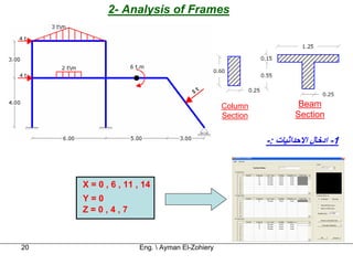 2- Analysis of Frames




                                              Column             Beam
                                              Section           Section


                                                        -: ‫1- ادﺧﺎل اﻻﺣﺪاﺛﻴﺎت‬



     X = 0 , 6 , 11 , 14
     Y=0
     Z=0,4,7



20                  Eng.  Ayman El-Zohiery
 
