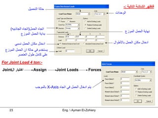‫ﻓﺘﻈﻬﺮ اﻟﺸﺎﺷﺔ اﻟﺘﺎﻟﻴﺔ :-‬
                  ‫ﺣﺎﻟﺔ اﻟﺘﺤﻤﻴﻞ‬
                                                                       ‫اﻟﻮﺣﺪات‬



     ‫اﺗﺠﺎﻩ اﻟﺤﻤﻞ)اﺗﺠﺎﻩ اﻟﺠﺎذﺑﻴﻪ(‬
                                                                              ‫ﻧﻬﺎﻳﺔ اﻟﺤﻤﻞ اﻟﻤﻮزع‬
              ‫ﺑﺪاﻳﺔ اﻟﺤﻤﻞ اﻟﻤﻮزع‬

         ‫ادﺧﺎل ﻣﻜﺎن اﻟﺤﻤﻞ ﻧﺴﺒﻲ‬                                        ‫ادﺧﺎل ﻣﻜﺎن اﻟﺤﻤﻞ ﺑﺎﻷﻃﻮال‬
  ‫ﻳﺴﺘﺨﺪم ﻓﻲ ﺣﺎﻟﺔ ان اﻟﺤﻤﻞ اﻟﻤﻮزع‬
          ‫ﻋﻠﻲ آﺎﻣﻞ ﻃﻮل اﻟﻌﻨﺼﺮ‬
‫-:‪For Joint Load 4 ton‬‬
‫اﺧﺘﻴﺎر ال‪Joint‬‬        ‫‪Assign‬‬          ‫‪Joint Loads‬‬            ‫‪Forces‬‬



                        ‫ﻳﺘﻢ ادﺧﺎل اﻟﺤﻤﻞ ﻓﻲ اﺗﺠﺎﻩ ‪ X-Axis‬ﺑﺎﻟﻤﻮﺟﺐ‬




    ‫32‬                                    ‫‪Eng.  Ayman El-Zohiery‬‬
 