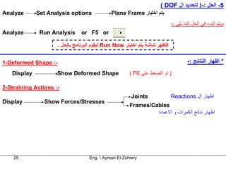 ( DOF ‫5- اﻟﺤﻞ :-) ﻟﺘﺤﺪﻳﺪ ال‬
Analyze      Set Analysis options              Plane Frame ‫ﻳﺘﻢ اﺧﺘﻴﺎر‬
                                                                             -: ‫وﻳﺘﻢ اﻟﺒﺪء ﻓﻲ اﻟﺤﻞ آﻤﺎ ﻳﻠﻲ‬
Analyze       Run Analysis       or F5 or

                      . ‫ ﻟﻴﻘﻮم اﻟﺒﺮﻧﺎﻣﺞ ﺑﺎﻟﺤﻞ‬Run Now ‫ﻓﺘﻈﻬﺮ ﺷﺎﺷﺔ ﻳﺘﻢ اﺧﺘﻴﺎر‬


1-Deformed Shape :-                                                                  -: ‫* اﻇﻬﺎر اﻟﻨﺘﺎﺋﺞ‬
   Display           Show Deformed Shape               ( F6 ‫) او اﻟﻀﻐﻂ ﻋﻠﻲ‬

2-Straining Actions :-
                                                        Joints               Reactions ‫اﻇﻬﺎر ال‬
Display         Show Forces/Stresses
                                                       Frames/Cables
                                                                ‫اﻇﻬﺎر ﻧﺘﺎﺋﺞ اﻟﻜﻤﺮات و اﻻﻋﻤﺪة‬




    25                              Eng.  Ayman El-Zohiery
 