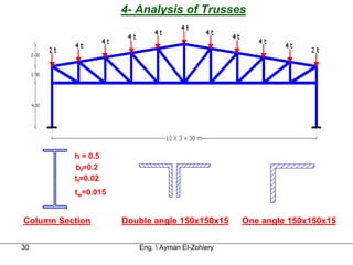 4- Analysis of Trusses




          h = 0.5
          bf=0.2
          tf=0.02
          tw=0.015


Column Section       Double angle 150x150x15      One angle 150x150x15

30                      Eng.  Ayman El-Zohiery
 