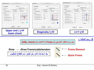 Upper and ‫ﻗﻄﺎع ال‬
                                     Diagonals‫ﻗﻄﺎع ال‬                       ‫ﻗﻄﺎع اﻻﻋﻤﺪﻩ‬
  lower chord

                                                                                -: ‫3- رﺳﻢ اﻟﻤﻨﺸﺎ‬
                   (U&L chord ‫ ) اﻻﻋﻤﺪﻩ وال‬Truss ‫ﻳﺘﻢ رﺳﻢ اﻻﻃﺎر اﻟﺨﺎرﺟﻲ ﻟﻞ‬


     Draw         Draw Framecabletendom                          Frame Element
     ‫ﺑﻌﺪ اﺳﺘﺪﻋﺎء اﻻﻣﺮ ﻳﺘﻢ اﺧﺘﻴﺎر اﺳﻢ اﻟﻘﻄﺎع اﻟﻤﻄﻠﻮب‬
                                                                   Quick Frame



32                                    Eng.  Ayman El-Zohiery
 