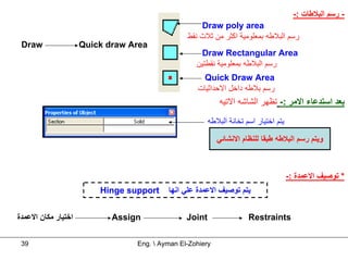‫- رﺳﻢ اﻟﺒﻼﻃﺎت :-‬
                                                    ‫‪Draw poly area‬‬
                                                ‫رﺳﻢ اﻟﺒﻼﻃﻪ ﺑﻤﻌﻠﻮﻣﻴﺔ اآﺜﺮ ﻣﻦ ﺛﻼث ﻧﻘﻂ‬
 ‫‪Draw‬‬                ‫‪Quick draw Area‬‬
                                                    ‫‪Draw Rectangular Area‬‬
                                                   ‫رﺳﻢ اﻟﺒﻼﻃﻪ ﺑﻤﻌﻠﻮﻣﻴﺔ ﻧﻘﻄﺘﻴﻦ‬
                                                    ‫‪Quick Draw Area‬‬
                                                   ‫رﺳﻢ ﺑﻼﻃﻪ داﺧﻞ اﻻﺣﺪاﺛﻴﺎت‬
                                                            ‫ﺑﻌﺪ اﺳﺘﺪﻋﺎء اﻻﻣﺮ :- ﺗﻈﻬﺮ اﻟﺸﺎﺷﻪ اﻻﺗﻴﻪ‬
                                                        ‫ﻳﺘﻢ اﺧﺘﻴﺎر اﺳﻢ ﺗﺨﺎﻧﺔ اﻟﺒﻼﻃﻪ‬

                                                           ‫وﻳﺘﻢ رﺳﻢ اﻟﺒﻼﻃﻪ ﻃﺒﻘﺎ ﻟﻠﻨﻈﺎم اﻻﻧﺸﺎﺋﻲ‬



                                                                                      ‫* ﺗﻮﺻﻴﻒ اﻻﻋﻤﺪة :-‬
                         ‫‪Hinge support‬‬    ‫ﻳﺘﻢ ﺗﻮﺻﻴﻒ اﻻﻋﻤﺪة ﻋﻠﻲ اﻧﻬﺎ‬


‫اﺧﺘﻴﺎر ﻣﻜﺎن اﻻﻋﻤﺪة‬          ‫‪Assign‬‬              ‫‪Joint‬‬                 ‫‪Restraints‬‬

 ‫93‬                              ‫‪Eng.  Ayman El-Zohiery‬‬
 