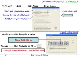 ‫ﺗﻘﺴﻴﻢ اﻟﺒﻼﻃﺎت :- ﻳﺘﻢ ﺗﻘﺴﻴﻢ اﻟﺒﻼﻃﺎت ﻟﺰﻳﺎدة دﻗﺔ اﻟﺤﻞ‬

 ‫اﺧﺘﻴﺎر اﻟﺒﻼﻃﺎت‬       ‫‪Edit‬‬             ‫‪Edit Areas‬‬              ‫‪Divide Areas‬‬

    ‫ﻟﺘﻘﺴﻴﻢ اﻟﺒﻼﻃﺎت ﻟﻌﺪد ﻓﻲ اﺗﺠﺎﻩ ‪X & Y‬‬                                                ‫ﻓﺘﻈﻬﺮ اﻟﺸﺎﺷﻪ اﻟﺘﺎﻟﻴﺔ :-‬
 ‫ﻟﺘﻘﺴﻴﻢ اﻟﺒﻼﻃﺎت اﻟﻲ اﺟﺰاء ذات اﺑﻌﺎد ﻣﻌﻴﻨﻪ‬
     ‫ﻟﺘﻘﺴﻴﻢ اﻟﺒﻼﻃﺎت ﻋﻠﻲ ﺣﺴﺐ ال‪Grids‬‬




                                                                                   ‫5- اﻟﺤﻞ وإﻇﻬﺎر اﻟﻨﺘﺎﺋﺞ :-‬
 ‫‪Analyze‬‬            ‫‪Set Analysis options‬‬

                   ‫ﻳﺘﻢ اﺧﺘﻴﺎر ‪Plane Grid‬‬


‫‪Analyze‬‬           ‫‪Run Analysis or F5 or‬‬

  ‫‪ Run Now‬ﻟﻴﻘﻮم اﻟﺒﺮﻧﺎﻣﺞ ﺑﺎﻟﺤﻞ .‬       ‫ﻓﺘﻈﻬﺮ ﺷﺎﺷﺔ ﻳﺘﻢ اﺧﺘﻴﺎر‬

    ‫35‬                                      ‫‪Eng.  Ayman El-Zohiery‬‬
 