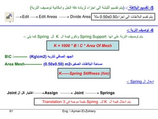 ‫5- ﺗﻘﺴﻴﻢ اﻟﺒﻼﻃﺔ :- )ﻳﺘﻢ ﺗﻘﺴﻴﻢ اﻟﻠﺒﺸﺔ اﻟﻲ اﺟﺰاء ﻟﺰﻳﺎدة دﻗﺔ اﻟﺤﻞ واﻣﻜﺎﻧﻴﺔ ﺗﻮﺻﻴﻒ اﻟﺘﺮﺑﺔ(‬
           ‫‪Edit‬‬         ‫‪Edit Areas‬‬           ‫ﻳﺘﻢ ﺗﻘﺴﻢ اﻟﺒﻼﻃﺎت اﻟﻲ اﺟﺰاء05.0‪ 0.50x‬ﻣﺜﻼ ‪Divide Area‬‬


                                                                                    ‫6- ﺗﻮﺻﻴﻒ اﻟﺘﺮﺑﺔ :-‬
            ‫ﻳﺘﻢ ﺗﻮﺻﻴﻒ اﻟﺘﺮﺑﺔ ﻋﻠﻲ اﻧﻬﺎ ‪ Spring Support‬وﺗﻜﻮن ﻗﻴﻤﺔ ال ‪ K‬ﻟﻞ ‪ Spring‬آﻤﺎ ﻳﻠﻲ :-‬

                                  ‫‪K = 1000 * B  C * Area Of Mesh‬‬

‫اﻟﺠﻬﺪ اﻟﺼﺎﻓﻲ ﻟﻠﺘﺮﺑﻪ )2‪BC :---------- (Kgcm‬‬
‫ﻣﺴﺎﺣﺔ اﻟﺒﻼﻃﺎت اﻟﺼﻐﻴﺮﻩ2‪Area Mesh------------- (0.50x0.50) m‬‬

                                     ‫)‪K------Spring Stiffness (tm‬‬

                                                                                    ‫ادﺧﺎل ال ‪-: Spring‬‬

 ‫اﺧﺘﻴﺎر آﻞ ال ‪Joint‬‬         ‫‪Assign‬‬              ‫‪Joint‬‬             ‫‪Springs‬‬

                          ‫ﻳﺘﻢ ادﺧﺎل ﻗﻴﻤﺔ ال ‪ K‬ﻟﻞ ‪ Spring‬ﺑﻘﻴﻤﺔ ﻣﻮﺟﺒﺔ ﻓﻲ 3 ‪Translation‬‬

   ‫16‬                                   ‫‪Eng.  Ayman El-Zohiery‬‬
 