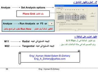 ‫7- اﻟﺤﻞ وإﻇﻬﺎر اﻟﻨﺘﺎﺋﺞ :-‬
‫‪Analyze‬‬            ‫‪Set Analysis options‬‬

                     ‫ﻳﺘﻢ اﺧﺘﻴﺎر ‪Plane Grid‬‬


 ‫‪Analyze‬‬          ‫‪Run Analysis or F5 or‬‬

  ‫‪ Run Now‬ﻟﻴﻘﻮم اﻟﺒﺮﻧﺎﻣﺞ ﺑﺎﻟﺤﻞ‬   ‫ﻓﺘﻈﻬﺮ ﺷﺎﺷﺔ ﻳﺘﻢ اﺧﺘﻴﺎر‬


                                                                                 ‫اﻇﻬﺎر اﻟﻌﺰوم ﻋﻠﻲ اﻟﺒﻼﻃﺔ :-‬
  ‫11‪M‬‬               ‫ﻹﻳﺠﺎد اﻟﺘﺴﻠﻴﺢ ﻓﻲ اﺗﺠﺎﻩ ‪Radial‬‬                      ‫ﻳﺘﻢ اﻇﻬﺎر اﻟﺒﻼﻃﺔ ﻓﻲ ال ‪X-Y Plan‬‬
                                                                ‫وﻳﺘﻢ اﻟﺘﺼﻤﻴﻢ آﻤﺎ ﻓﻲ ﺣﺎﻟﺔ اﻟﺒﻼﻃﺎت آﻤﺎ ﺳﺒﻖ .‬
  ‫22‪M‬‬               ‫ﻹﻳﺠﺎد اﻟﺘﺴﻠﻴﺢ ﻓﻲ اﺗﺠﺎﻩ ‪Tangential‬‬


                            ‫‪Eng. Ayman Abdel-Salam El-Zohiery‬‬
                               ‫‪Eng_A_Zohiery@yahoo.com‬‬



    ‫86‬                                ‫‪Eng.  Ayman El-Zohiery‬‬
 