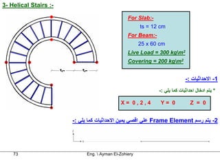 3- Helical Stairs :-

                                                For Slab:-
                                                      ts = 12 cm
                                                For Beam:-
                                                      25 x 60 cm
                                                Live Load = 300 kgm2
                                                Covering = 200 kgm2


                                                                           -: ‫1- اﻻﺣﺪاﺛﻴﺎت‬
                                                             -: ‫* ﻳﺘﻢ ادﺧﺎل اﺣﺪاﺛﻴﺎت آﻤﺎ ﻳﻠﻲ‬

                                            X= 0,2,4          Y= 0            Z = 0


                       -: ‫ ﻋﻠﻲ اﻗﺼﻲ ﻳﻤﻴﻦ اﻻﺣﺪاﺛﻴﺎت آﻤﺎ ﻳﻠﻲ‬Frame Element ‫2- ﻳﺘﻢ رﺳﻢ‬




    73                      Eng.  Ayman El-Zohiery
 