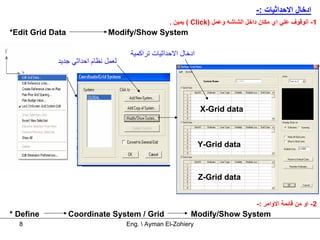 -: ‫ادﺧﺎل اﻻﺣﺪاﺛﻴﺎت‬
                                                  . ‫ ( ﻳﻤﻴﻦ‬Click) ‫1- اﻟﻮﻗﻮف ﻋﻠﻲ اي ﻣﻜﺎن داﺧﻞ اﻟﺸﺎﺷﻪ وﻋﻤﻞ‬
*Edit Grid Data               Modify/Show System

                                     ‫ادﺧﺎل اﻻﺣﺪاﺛﻴﺎت ﺗﺮاآﻤﻴﺔ‬
            ‫ﻟﻌﻤﻞ ﻧﻈﺎم اﺣﺪاﺛﻲ ﺟﺪﻳﺪ‬




                                                               X-Grid data



                                                               Y-Grid data



                                                               Z-Grid data


                                                                                 -: ‫2- او ﻣﻦ ﻗﺎﺋﻤﺔ اﻻواﻣﺮ‬
* Define          Coordinate System / Grid                Modify/Show System
  8                                 Eng.  Ayman El-Zohiery
 