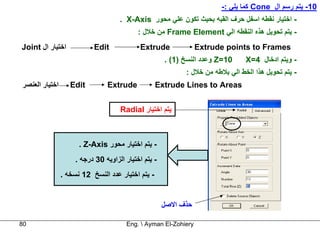 ‫01- ﻳﺘﻢ رﺳﻢ ال ‪ Cone‬آﻤﺎ ﻳﻠﻲ :-‬
                                     ‫- اﺧﺘﻴﺎر ﻧﻘﻄﻪ اﺳﻔﻞ ﺣﺮف اﻟﻘﺒﻪ ﺑﺤﻴﺚ ﺗﻜﻮن ﻋﻠﻲ ﻣﺤﻮر ‪. X-Axis‬‬
                                            ‫- ﻳﺘﻢ ﺗﺤﻮﻳﻞ هﺬﻩ اﻟﻨﻘﻄﻪ اﻟﻲ ‪ Frame Element‬ﻣﻦ ﺧﻼل :‬
‫اﺧﺘﻴﺎر ال ‪Joint‬‬            ‫‪Edit‬‬             ‫‪Extrude‬‬              ‫‪Extrude points to Frames‬‬
                                                      ‫01=‪ Z‬وﻋﺪد اﻟﻨﺴﺦ )1( .‬     ‫- وﻳﺘﻢ ادﺧﺎل 4=‪X‬‬
                                                            ‫- ﻳﺘﻢ ﺗﺤﻮﻳﻞ هﺬا اﻟﺨﻂ اﻟﻲ ﺑﻼﻃﻪ ﻣﻦ ﺧﻼل :‬
‫اﺧﺘﻴﺎر اﻟﻌﻨﺼﺮ‬      ‫‪Edit‬‬         ‫‪Extrude‬‬            ‫‪Extrude Lines to Areas‬‬


                                     ‫ﻳﺘﻢ اﺧﺘﻴﺎر ‪Radial‬‬



                      ‫- ﻳﺘﻢ اﺧﺘﻴﺎر ﻣﺤﻮر ‪. Z-Axis‬‬
                     ‫- ﻳﺘﻢ اﺧﺘﻴﺎر اﻟﺰاوﻳﻪ 03 درﺟﻪ .‬
                ‫- ﻳﺘﻢ اﺧﺘﻴﺎر ﻋﺪد اﻟﻨﺴﺦ 21 ﻧﺴﺨﻪ .‬


                                                      ‫ﺣﺬف اﻻﺻﻞ‬

‫08‬                                     ‫‪Eng.  Ayman El-Zohiery‬‬
 