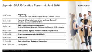 © 2016 SAP SE or an SAP affiliate company. All rights reserved. 2Public
Agenda: SAP Education Forum 14. Juni 2016
10:00-10:15
Begrüßung
Guido Grüne, Leiter SAP Education Middle & Eastern Europe
10:15-11:00
Keynote: Wie arbeiten und lernen wir in der Zukunft?
Jonathan Denner, CEO NETSYNO
11:00-11:30
SAP Education Innovations-Updates
Thomas Jenewein, Business Development Manager, SAP Education
11:30-13:00 Mittagessen & digitale Stationen im Schulungszentrum
13:00-15:00 Erfahrungsaustausch im World-Café
15:00-15:15 Kaffeepause
15:15-16:00 Debriefing World Cafés und Diskussion
16:00 – open end Get-together
#SAPEdForum
© 2016 SAP SE or an SAP affiliate company. All rights reserved. 2Public
 