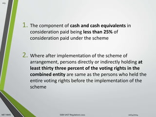 1. The component of cash and cash equivalents in 
consideration paid being less than 25% of 
consideration paid under the scheme 
2. Where after implementation of the scheme of 
arrangement, persons directly or indirectly holding at 
least thirty three percent of the voting rights in the 
combined entity are same as the persons who held the 
entire voting rights before the implementation of the 
scheme 
103 
MET MMS SEBI SAST Regulations 2011 10/14/2014 
 