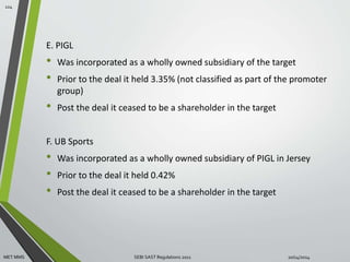 E. PIGL 
• Was incorporated as a wholly owned subsidiary of the target 
• Prior to the deal it held 3.35% (not classified as part of the promoter 
group) 
• Post the deal it ceased to be a shareholder in the target 
F. UB Sports 
• Was incorporated as a wholly owned subsidiary of PIGL in Jersey 
• Prior to the deal it held 0.42% 
• Post the deal it ceased to be a shareholder in the target 
124 
MET MMS SEBI SAST Regulations 2011 10/14/2014 
 