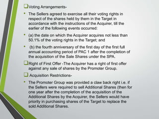 Voting Arrangements- 
• The Sellers agreed to exercise all their voting rights in 
respect of the shares held by them in the Target in 
accordance with the instructions of the Acquirer, till the 
earlier of the following events occurred: 
• (a) the date on which the Acquirer acquires not less than 
50.1% of the voting rights in the Target; and 
• (b) the fourth anniversary of the first day of the first full 
annual accounting period of PAC 1 after the completion of 
the acquisition of the Sale Shares under the SPA. 
Right of First Offer -The Acquirer has a right of first offer 
against any sale of shares by the Promoter Group. 
 Acquisition Restrictions- 
• The Promoter Group was provided a claw back right i.e. if 
the Sellers were required to sell Additional Shares (then for 
one year after the completion of the acquisition of the 
Additional Shares by the Acquirer, the Sellers would have 
priority in purchasing shares of the Target to replace the 
sold Additional Shares. 
 