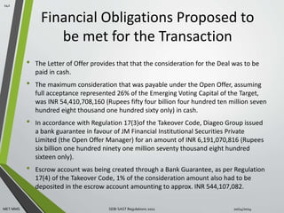 Financial Obligations Proposed to 
be met for the Transaction 
• The Letter of Offer provides that that the consideration for the Deal was to be 
paid in cash. 
• The maximum consideration that was payable under the Open Offer, assuming 
full acceptance represented 26% of the Emerging Voting Capital of the Target, 
was INR 54,410,708,160 (Rupees fifty four billion four hundred ten million seven 
hundred eight thousand one hundred sixty only) in cash. 
• In accordance with Regulation 17(3)of the Takeover Code, Diageo Group issued 
a bank guarantee in favour of JM Financial Institutional Securities Private 
Limited (the Open Offer Manager) for an amount of INR 6,191,070,816 (Rupees 
six billion one hundred ninety one million seventy thousand eight hundred 
sixteen only). 
• Escrow account was being created through a Bank Guarantee, as per Regulation 
17(4) of the Takeover Code, 1% of the consideration amount also had to be 
deposited in the escrow account amounting to approx. INR 544,107,082. 
142 
MET MMS SEBI SAST Regulations 2011 10/14/2014 
 