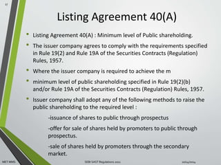 Listing Agreement 40(A) 
• Listing Agreement 40(A) : Minimum level of Public shareholding. 
• The issuer company agrees to comply with the requirements specified 
in Rule 19(2) and Rule 19A of the Securities Contracts (Regulation) 
Rules, 1957. 
• Where the issuer company is required to achieve the m 
• minimum level of public shareholding specified in Rule 19(2)(b) 
and/or Rule 19A of the Securities Contracts (Regulation) Rules, 1957. 
• Issuer company shall adopt any of the following methods to raise the 
public shareholding to the required level : 
-issuance of shares to public through prospectus 
-offer for sale of shares held by promoters to public through 
prospectus. 
-sale of shares held by promoters through the secondary 
market. 
17 
MET MMS SEBI SAST Regulations 2011 10/14/2014 
 
