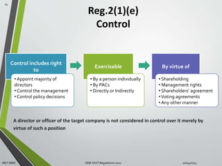 Control includes right 
to 
Reg.2(1)(e) 
Control 
Exercisable By virtue of 
• Appoint majority of 
directors 
• Control the management 
• Control policy decisions 
• By a person individually 
• By PACs 
• Directly or Indirectly 
• Shareholding 
• Management rights 
• Shareholders’ agreement 
•Voting agreements 
• Any other manner 
A director or officer of the target company is not considered in control over it merely by 
virtue of such a position 
24 
MET MMS SEBI SAST Regulations 2011 10/14/2014 
 