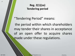Reg. 2(1)(za) 
Tendering period 
“Tendering Period” means: 
the period within which shareholders 
may tender their shares in acceptance 
of an open offer to acquire shares 
made under these regulations. 
32 
MET MMS SEBI SAST Regulations 2011 10/14/2014 
 