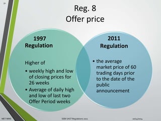 Reg. 8 
Offer price 
1997 
Regulation 
Higher of 
• weekly high and low 
of closing prices for 
26 weeks 
• Average of daily high 
and low of last two 
Offer Period weeks 
2011 
Regulation 
• the average 
market price of 60 
trading days prior 
to the date of the 
public 
announcement 
51 
MET MMS SEBI SAST Regulations 2011 10/14/2014 
 