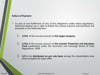 Failure of Payment 
• In case of non-fulfillment of any of the obligations under these regulations, 
Merchant Banker has a right to forfeit the escrow account and distribute the 
proceeds in the following way:- 
1. 1/3rd of the escrow account to the target company 
2. 1/3rd of the escrow account to the Investor Protection and Education 
Fund established under the Securities and Exchange Board of India 
Regulations, 2009 
3. 1/3 to be distributed on pro rata basis among the shareholders who 
have accepted the open offer. 
75 
MET MMS SEBI SAST Regulations 2011 10/14/2014 
 