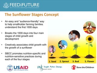 The Sunflower Stages Concept
• An easy and “audience-friendly” way
to help smallholder farming families
understand the first 1000 days
• Breaks the 1000 days into four main
stages of child growth and
development
• Creatively associates child growth with
the growth of a sunflower
• SBCC promotes nutrition-specific and
nutrition-sensitive practices during
each of the four stages
1. Seed 2. Sprout 3. Bud 5. Flower
 