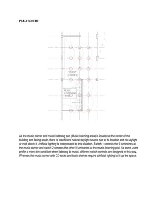 PSALI SCHEME
As the music corner and music listening pod (Music listening area) is located at the center of the
building and facing south, there is insufficient natural daylight source due to its location and no skylight
or void above it. Artificial lighting is incorporated to this situation. Switch 1 controls the 9 luminaires at
the music corner and switch 2 controls the other 9 luminaries at the music listening pod. As some users
prefer a more dim condition when listening to music, different switch controls are designed in this way.
Whereas the music corner with CD racks and book shelves require artificial lighting to lit up the space.
 