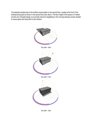 The selected studied area is the children area located on the second floor, located at the front of the
building facing east as shown in the second floor plan above. The floor height of this space is 4 meters
and the aim of façade design is to provide maximum daylighting in the morning whereas remain shaded
to reduce glare and discomfort to the children.
Sun path – 8am
Sun path -11am
Sun path – 3pm
 
