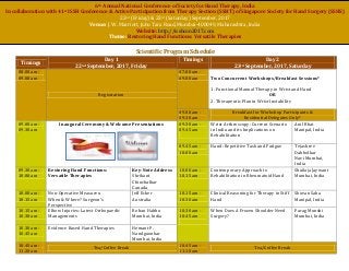 6th Annual National Conference of Society for Hand Therapy, India
In collaboration with 41st ISSH Conference & Active Participation from Therapy Section (SSHT) of Singapore Society for Hand Surgery (SSHS)
22nd (Friday) & 23rd (Saturday) September, 2017
Venue: J. W. Marriott, Juhu Tara Road, Mumbai-400049, Maharashtra, India
Website: http://isshcon2017.com
Theme: Restoring Hand Functions: Versatile Therapies
Scientific Program Schedule
Timings
Day 1
22nd September, 2017, Friday
Timings Day 2
23rd September, 2017, Saturday
08.00 am -
09.00 am
Registration
07.00 am -
09.00 am Two Concurrent Workshops/Breakfast Sessions*
1. Functional Manual Therapy in Wrist and Hand
OR
2. Therapeutic Plan in Wrist Instability
09.00 am -
09.30 am
Breakfast for Workshop Participants &
Residential Delegates Only*
09.00 am -
09.30 am
Inaugural Ceremony & Welcome Presentations 09.30 am -
09.45 am
Wrist Arthroscopy: Current Scenario
in India and its Implications on
Rehabilitation
Anil Bhat
Manipal, India
09.45 am -
10.00 am
Hand: Repetitive Task and Fatigue Tejashree
Dabholkar
Navi Mumbai,
India
09.30 am -
10.00 am
Restoring Hand Functions:
Versatile Therapies
Key-Note Address
Shrikant
Chinchalkar
Canada
10.00 am -
10.15 am
Contemporary Approach to
Rehabilitation in Rheumatoid Hand
Shailaja Jaywant
Mumbai, India
10.00 am -
10.15 am
Non-Operative Measures:
When & Where? Surgeon’s
Perspective
Jeff Ecker
Australia
10.15 am -
10.30 am
Clinical Reasoning for Therapy in Stiff
Hand
Shovan Saha
Manipal, India
10.15 am -
10.30 am
Elbow Injuries: Latest Orthopaedic
Managements
Rohan Habbu
Mumbai, India
10.30 am -
10.45 am
When Does A Frozen Shoulder Need
Surgery?
Parag Munshi
Mumbai, India
10.30 am -
10.45 am
Evidence Based Hand Therapies Hemant P.
Nandgaonkar
Mumbai, India
10.45 am -
11.20 am
Tea/Coffee Break
10.45 am -
11.10 am
Tea/Coffee Break
 