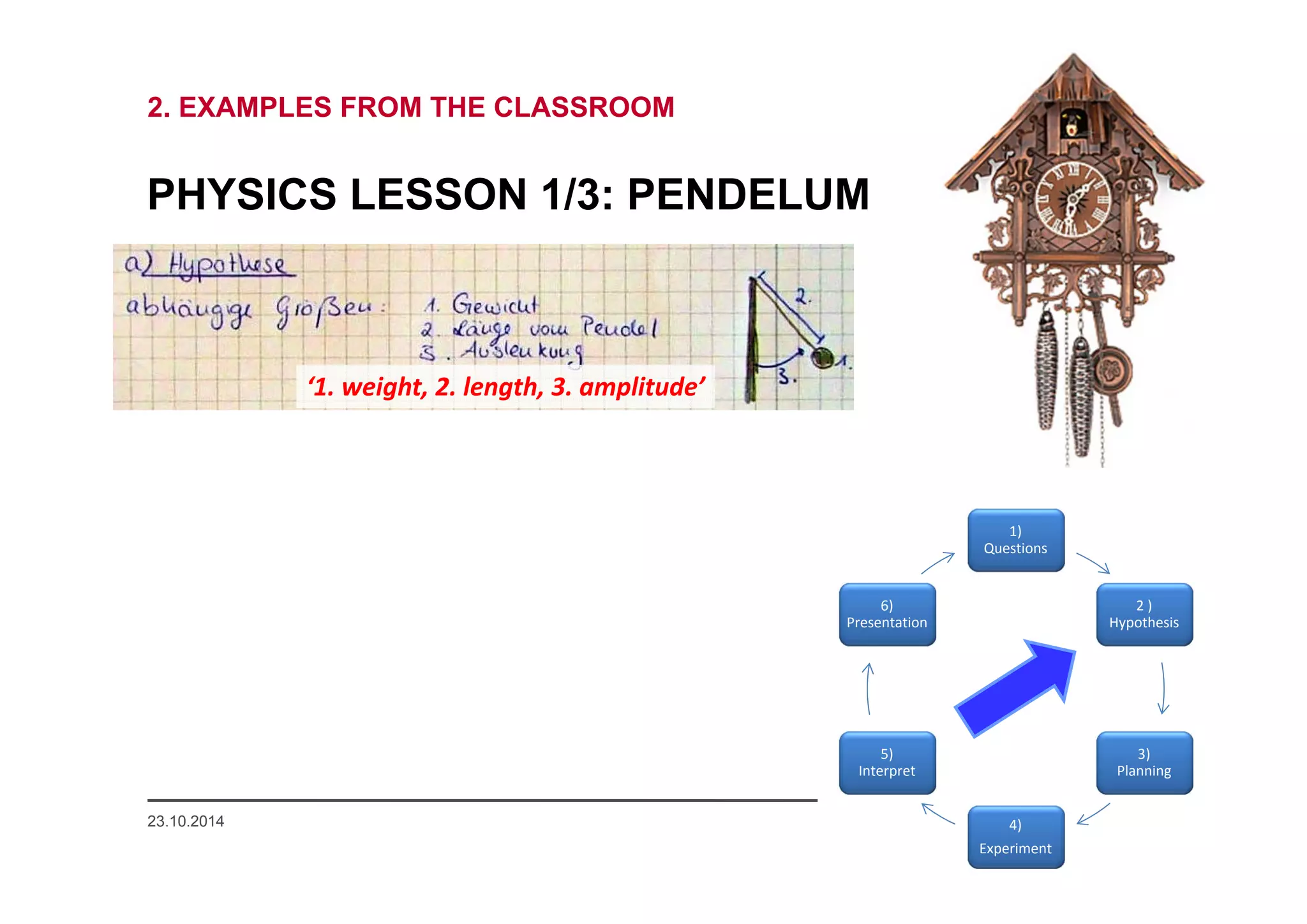 1) 
Questions 
2 ) 
Hypothesis 
3) 
Planning 
6) 
2. EXAMPLES FROM THE CLASSROOM 
PHYSICS LESSON 1/3: PENDELUM 
Presentation 
23.10.2014 www.mascil.ph-freiburg.de 
4) 
Experiment 
5) 
Interpret 
‘1. weight, 2. length, 3. amplitude’ 
 