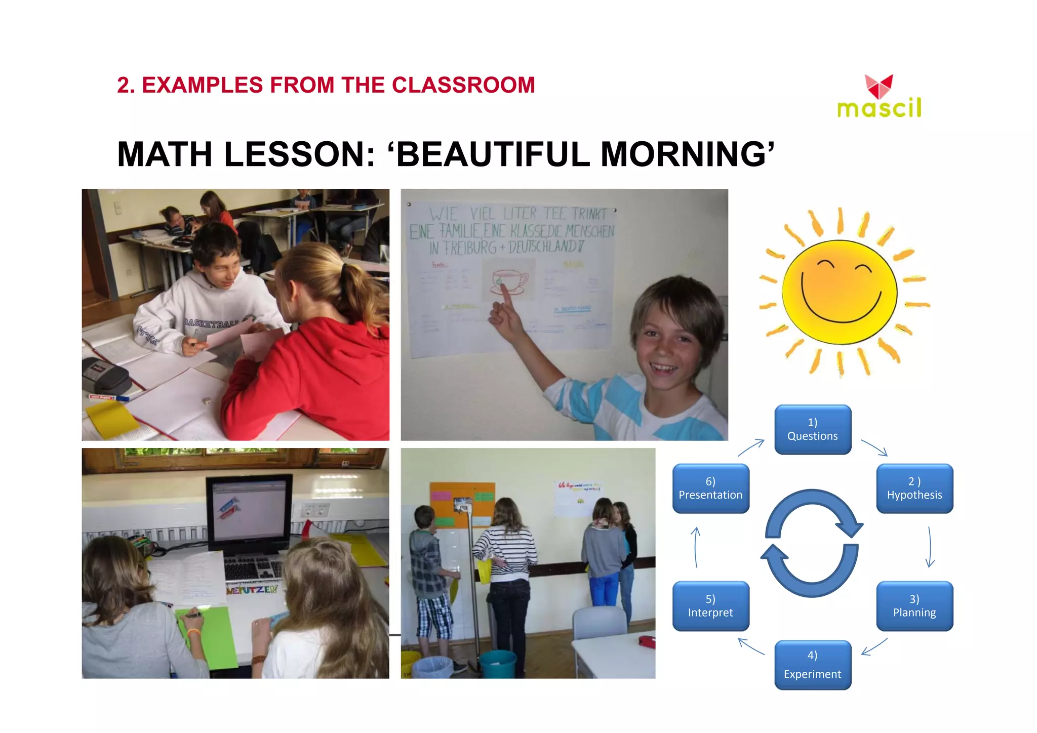 2. EXAMPLES FROM THE CLASSROOM 
MATH LESSON: ‘BEAUTIFUL MORNING’ 
1) 
Questions 
2 ) 
Hypothesis 
3) 
Planning 
6) 
Presentation 
23.10.2014 www.mascil.ph-freiburg.de 
4) 
Experiment 
5) 
Interpret 
 