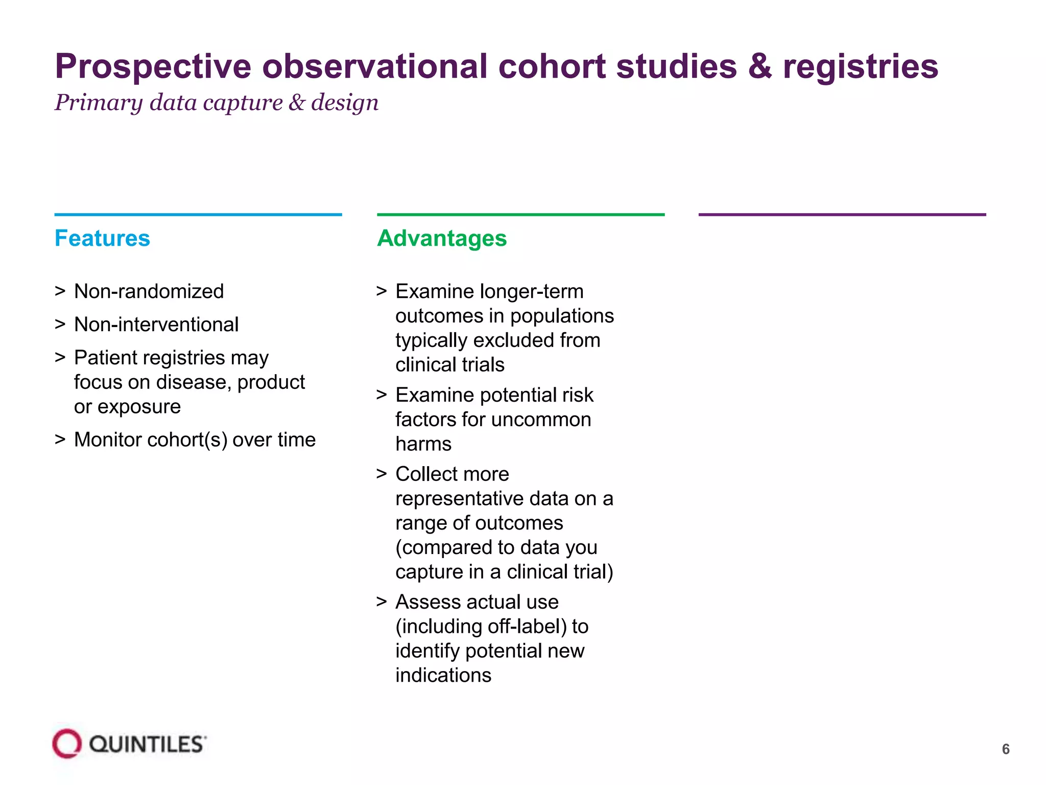 6
Features
> Non-randomized
> Non-interventional
> Patient registries may
focus on disease, product
or exposure
> Monitor cohort(s) over time
Advantages
> Examine longer-term
outcomes in populations
typically excluded from
clinical trials
> Examine potential risk
factors for uncommon
harms
> Collect more
representative data on a
range of outcomes
(compared to data you
capture in a clinical trial)
> Assess actual use
(including off-label) to
identify potential new
indications
Prospective observational cohort studies & registries
Primary data capture & design
 