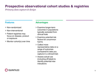 6
Features
> Non-randomized
> Non-interventional
> Patient registries may
focus on disease, product
or exposure
> Monitor cohort(s) over time
Advantages
> Examine longer-term
outcomes in populations
typically excluded from
clinical trials
> Examine potential risk
factors for uncommon
harms
> Collect more
representative data on a
range of outcomes
(compared to data you
capture in a clinical trial)
> Assess actual use
(including off-label) to
identify potential new
indications
Prospective observational cohort studies & registries
Primary data capture & design
 