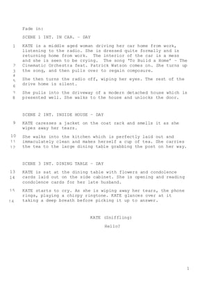1
2
4
5
Fade in:
SCENE 1 INT. IN CAR. – DAY
KATE is a middle aged woman driving her car home from work,
listening to the radio. She is dressed quite formally and is
returning home from work. The interior of the car is a mess
and she is seen to be crying. The song ‘To Build a Home’ – The
Cinematic Orchestra feat. Patrick Watson comes on. She turns up
the song, and then pulls over to regain composure.
She then turns the radio off, wiping her eyes. The rest of the
drive home is silent.
She pulls into the driveway of a modern detached house which is
presented well. She walks to the house and unlocks the door.
SCENE 2 INT. INSIDE HOUSE – DAY
KATE caresses a jacket on the coat rack and smells it as she
wipes away her tears.
She walks into the kitchen which is perfectly laid out and
immaculately clean and makes herself a cup of tea. She carries
the tea to the large dining table grabbing the post on her way.
SCENE 3 INT. DINING TABLE – DAY
KATE is sat at the dining table with flowers and condolence
cards laid out on the side cabinet. She is opening and reading
condolence cards for her late husband.
KATE starts to cry. As she is wiping away her tears, the phone
rings, playing a chirpy ringtone. KATE glances over at it
taking a deep breath before picking it up to answer.
KATE (Sniffling)
Hello?
1
3
6
7
8
9
10
11
12
13
14
15
16
 