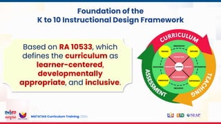 MATATAG Curriculum Training | 2024
Foundation of the
K to 10 Instructional Design Framework
Based on RA 10533, which
defines the curriculum as
learner-centered,
developmentally
appropriate, and inclusive.
 