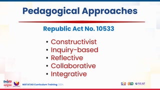 MATATAG Curriculum Training | 2024
Pedagogical Approaches
Republic Act No. 10533
• Constructivist
• Inquiry-based
• Reflective
• Collaborative
• Integrative
 