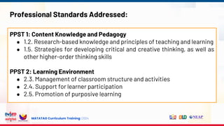 MATATAG Curriculum Training | 2024
Professional Standards Addressed:
PPST 1: Content Knowledge and Pedagogy
● 1.2. Research-based knowledge and principles of teaching and learning
● 1.5. Strategies for developing critical and creative thinking, as well as
other higher-order thinking skills
PPST 2: Learning Environment
● 2.3. Management of classroom structure and activities
● 2.4. Support for learner participation
● 2.5. Promotion of purposive learning
 