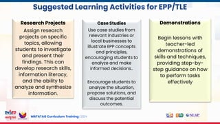 MATATAG Curriculum Training | 2024
s
Research Projects
Assign research
projects on specific
topics, allowing
students to investigate
and present their
findings. This can
develop research skills,
information literacy,
and the ability to
analyze and synthesize
information.
Case Studies
Use case studies from
relevant industries or
local businesses to
illustrate EPP concepts
and principles,
encouraging students to
analyze and make
informed decisions..
Encourage students to
analyze the situation,
propose solutions, and
discuss the potential
outcomes.
Demonstrations
Begin lessons with
teacher-led
demonstrations of
skills and techniques,
providing step-by-
step guidance on how
to perform tasks
effectively
Suggested Learning Activities for EPP/TLE
 