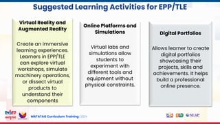 MATATAG Curriculum Training | 2024
s
Virtual Reality and
Augmented Reality
Create an immersive
learning experiences.
Learners in EPP/TLE
can explore virtual
workshops, simulate
machinery operations,
or dissect virtual
products to
understand their
components
Online Platforms and
Simulations
Virtual labs and
simulations allow
students to
experiment with
different tools and
equipment without
physical constraints.
Digital Portfolios
Allows learner to create
digital portfolios
showcasing their
projects, skills and
achievements. It helps
build a professional
online presence.
Suggested Learning Activities for EPP/TLE
 