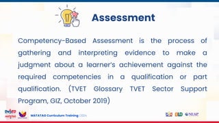 MATATAG Curriculum Training | 2024
Assessment
Competency-Based Assessment is the process of
gathering and interpreting evidence to make a
judgment about a learner’s achievement against the
required competencies in a qualification or part
qualification. (TVET Glossary TVET Sector Support
Program, GIZ, October 2019)
 
