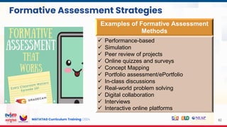 MATATAG Curriculum Training | 2024 82
Formative Assessment Strategies
Examples of Formative Assessment
Methods
 Performance-based
 Simulation
 Peer review of projects
 Online quizzes and surveys
 Concept Mapping
 Portfolio assessment/ePortfolio
 In-class discussions
 Real-world problem solving
 Digital collaboration
 Interviews
 Interactive online platforms
 