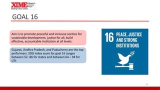 GOAL 16
20
Aim is to promote peaceful and inclusive socities for
sustainable development, justice for all, build
effective, accountable institution at all levels.
Gujarat, Andhra Pradesh, and Puducherry are the top
performers. SDG index score for goal 16 ranges
between 52- 86 for states and between 64 – 94 for
UTs
 