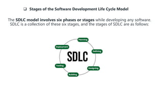  Stages of the Software Development Life Cycle Model
The SDLC model involves six phases or stages while developing any software.
SDLC is a collection of these six stages, and the stages of SDLC are as follows:
 