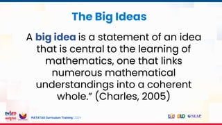 MATATAG Curriculum Training | 2024
The Big Ideas
A big idea is a statement of an idea
that is central to the learning of
mathematics, one that links
numerous mathematical
understandings into a coherent
whole.” (Charles, 2005)
 