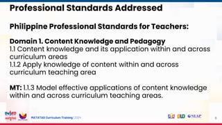 MATATAG Curriculum Training | 2024
Professional Standards Addressed
Philippine Professional Standards for Teachers:
Domain 1. Content Knowledge and Pedagogy
1.1 Content knowledge and its application within and across
curriculum areas
1.1.2 Apply knowledge of content within and across
curriculum teaching area
MT: 1.1.3 Model effective applications of content knowledge
within and across curriculum teaching areas.
6
 