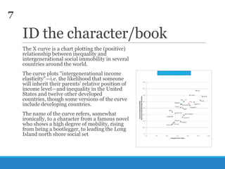 7

ID the character/book
The X curve is a chart plotting the (positive)
relationship between inequality and
intergenerational social immobility in several
countries around the world.
The curve plots "intergenerational income
elasticity"—i.e. the likelihood that someone
will inherit their parents' relative position of
income level—and inequality in the United
States and twelve other developed
countries, though some versions of the curve
include developing countries.

The name of the curve refers, somewhat
ironically, to a character from a famous novel
who shows a high degree of mobility, rising
from being a bootlegger, to leading the Long
Island north shore social set

 