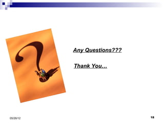 Any Questions???

           Thank You…




05/26/12                      18
 