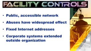 • Public, accessible network
• Abuses have widespread effect
• Fixed Internet addresses
• Corporate systems extended
outside organization
 