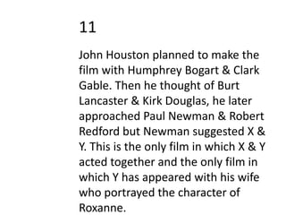 11
John Houston planned to make the
film with Humphrey Bogart & Clark
Gable. Then he thought of Burt
Lancaster & Kirk Douglas, he later
approached Paul Newman & Robert
Redford but Newman suggested X &
Y. This is the only film in which X & Y
acted together and the only film in
which Y has appeared with his wife
who portrayed the character of
Roxanne.
 